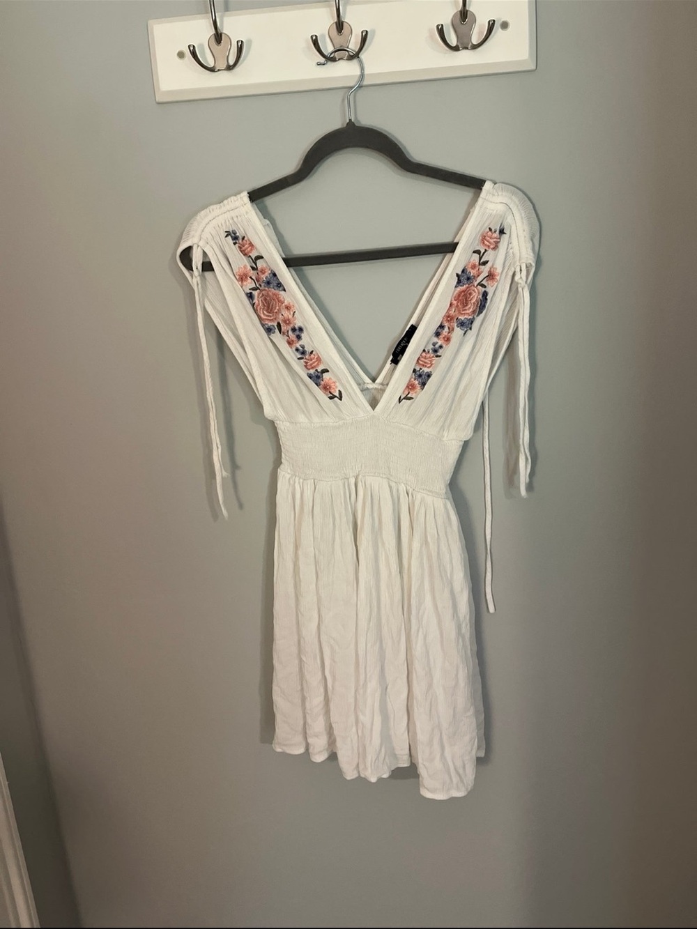 Forever 21 White Mini Dress with Pink Floral Embroidery